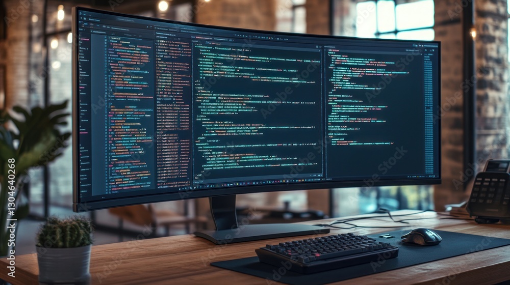 Curved Monitor Displaying Code in Modern Workspace Curved Monitor Displaying Code in Modern Workspace