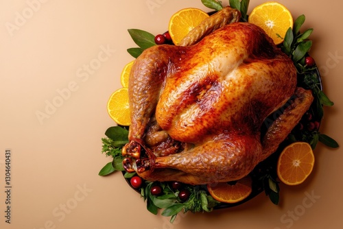 Golden roasted turkey garnished with citrus slices and fresh her