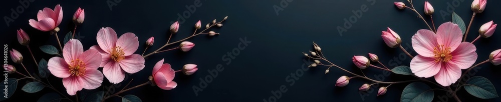 Fototapeta premium Delicate charcoal floral wallpaper, tiny blossoms on dark background , elegant, botanical, plant