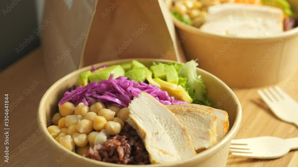 Preparing nutritious buddha bowls featuring grilled chicken, roasted chickpeas, creamy avocado, brown rice, vibrant carrots, purple cabbage Preparing nutritious buddha bowls featuring grilled chicken, roasted chickpeas, creamy avocado, brown rice, vibrant carrots, purple cabbage