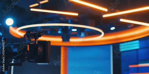 Modern television studio interior background, news television broadcasts live 24 hours a day