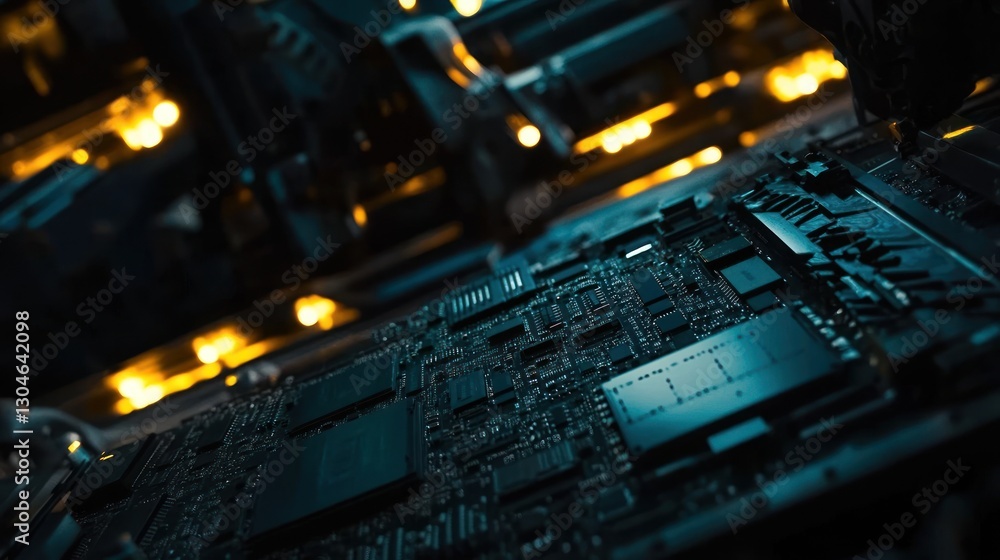 Close-up view of a circuit board, intricate details of technology, electronic components, advanced hardware, dark teal and amber tones, industrial setting Close-up view of a circuit board, intricate details of technology, electronic components, advanced hardware, dark teal and amber tones, industrial setting