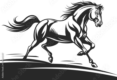 A bold and clean silhouette of a powerful horse in motion with its mane and tail streaming in the wind with isolated white background, black horse vector illustration