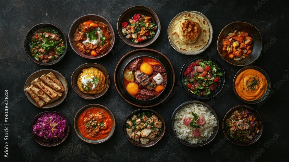 an overhead shot presents a diverse assortment of gourmet dishes served in rustic bowls against a dark backdrop offering an array of culinary delights an overhead shot presents a diverse assortment of gourmet dishes served in rustic bowls against a dark backdrop offering an array of culinary delights