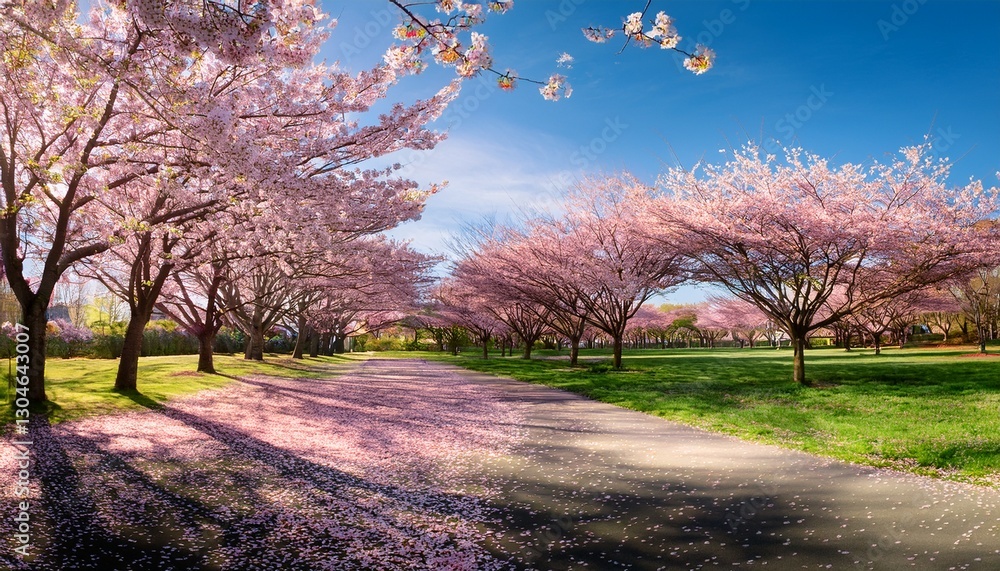 Cherry blossom trees in full bloom, pink petals gently falling to the ground in a serene park. The soft pastel colors create a peaceful and calming atmosphere, marking the beauty of spring.
Cherry blossom trees in full bloom, pink petals gently falling to the ground in a serene park. The soft pastel colors create a peaceful and calming atmosphere, marking the beauty of spring.