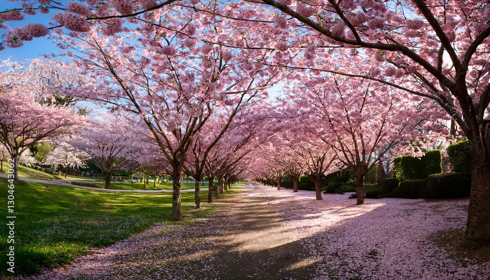 Fototapeta premium Cherry blossom trees in full bloom, pink petals gently falling to the ground in a serene park. The soft pastel colors create a peaceful and calming atmosphere, marking the beauty of spring. 
