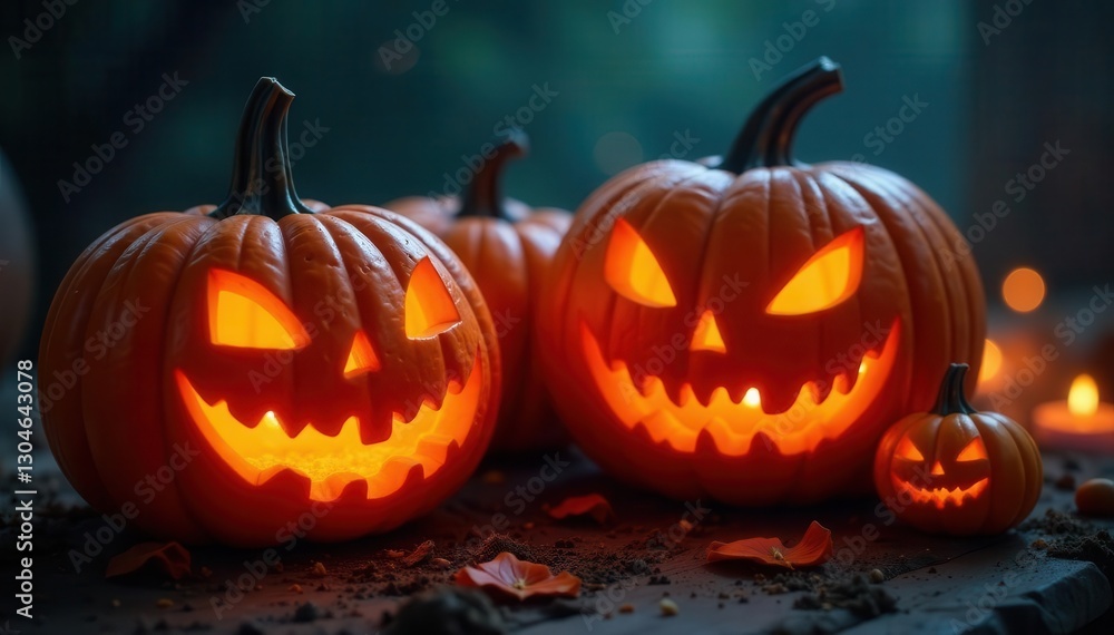 Intricately carved pumpkins, glowing eyes, cobweb details, pattern, carved Intricately carved pumpkins, glowing eyes, cobweb details, pattern, carved