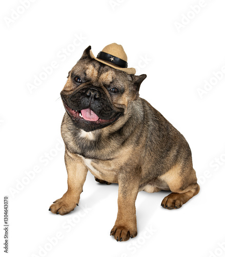 Happy dog ​​sitting in cowboy hat isolated on white background. French bulldog in sheriff hat. Pet in a funny hat. Clothes for pets.