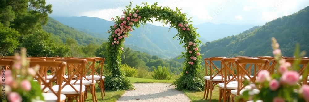 Obraz premium Lush green eucalyptus and delicate pink blossoms create stunning wedding garlands on a hillside arch and chairs , spring, botanical, scenic