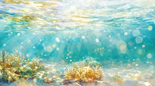 A soft summer wallpaper featuring glowing coral reefs under clear water golden shimmering reflections creating a watercolor-like effect