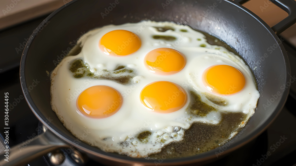 Sizzling in a frying pan, five bright, golden yolks nestled within their delicate whites create an enticing visual feast. The eggs lay against a backdrop of shimmering olive oil, reflecting warm hues Sizzling in a frying pan, five bright, golden yolks nestled within their delicate whites create an enticing visual feast. The eggs lay against a backdrop of shimmering olive oil, reflecting warm hues