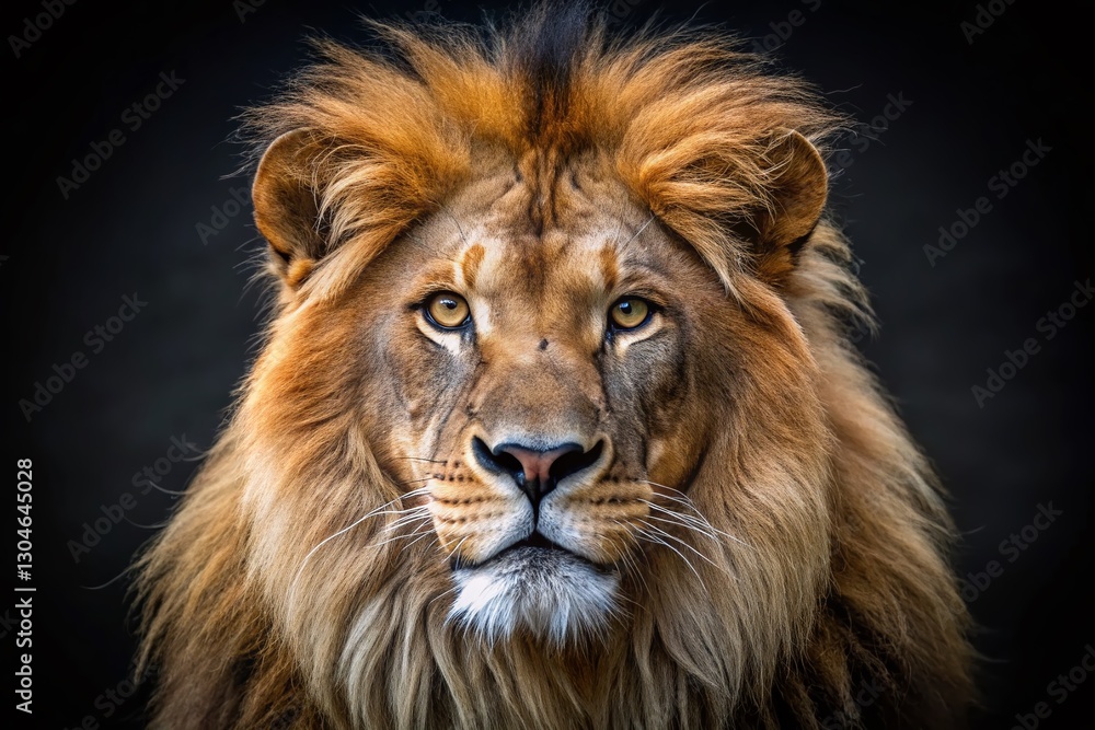 Majestic Lion Close-Up: Powerful Panthera Leo Portrait Against Black Background Majestic Lion Close-Up: Powerful Panthera Leo Portrait Against Black Background