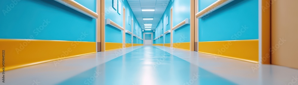 Dystopian Hospital Corridor Featuring Empty Space with Bright Colors and Clinical Atmosphere Dystopian Hospital Corridor Featuring Empty Space with Bright Colors and Clinical Atmosphere