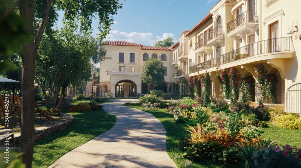 serene pathway winding through a lush garden leading to a luxurious villa blending architecture with nature's beauty under a clear azure sky serene pathway winding through a lush garden leading to a luxurious villa blending architecture with nature's beauty under a clear azure sky