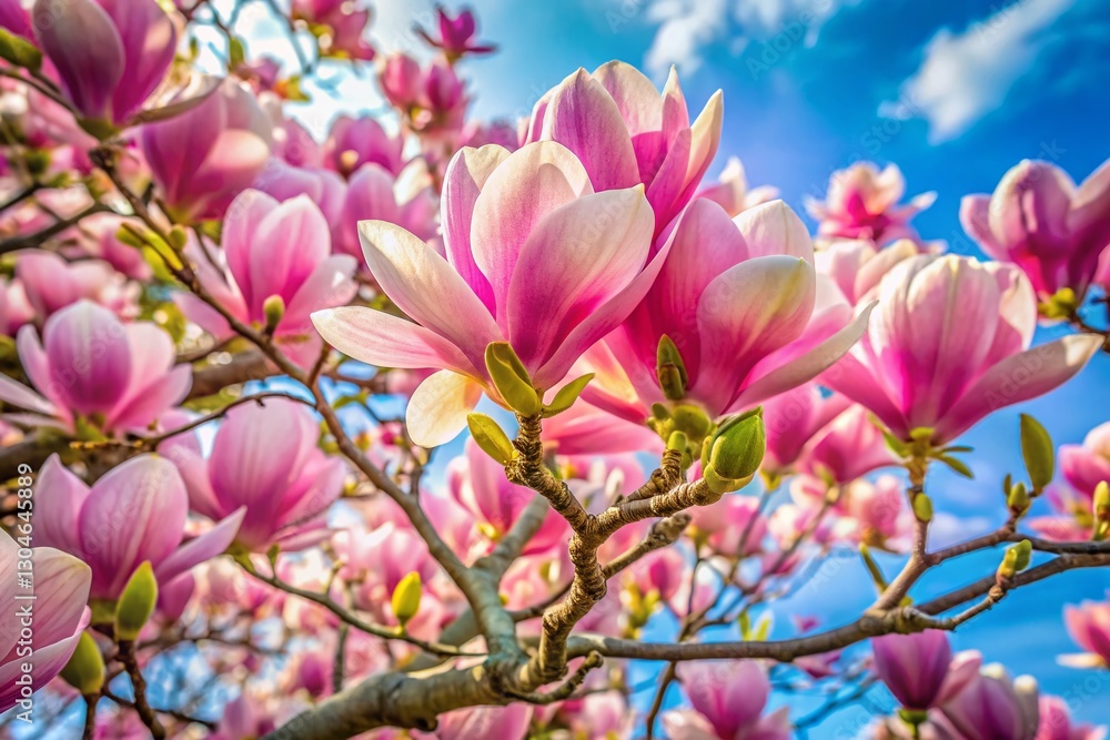 Fototapeta premium Majestic Magnolia Tree Blooming Against a Vivid Sky - Candid Photography Stock Photo