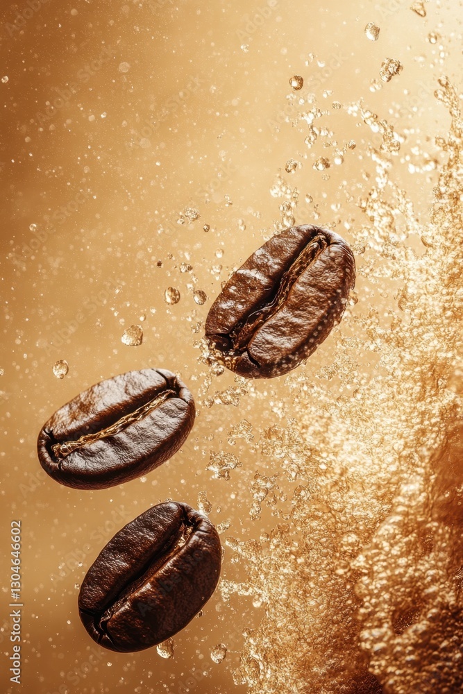 Coffee beans in a splash of liquid gold creating a dynamic and visually appealing composition perfect for advertising coffee products or illustrating the brewing process Coffee beans in a splash of liquid gold creating a dynamic and visually appealing composition perfect for advertising coffee products or illustrating the brewing process