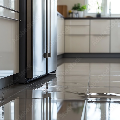 Fridge leaking water on kitchen tile floor