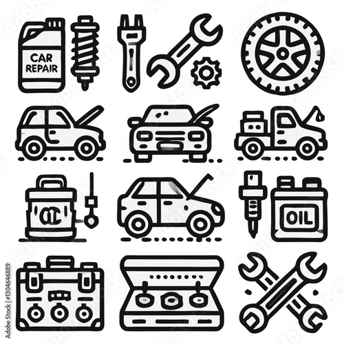 Set of car repair and maintenance icons in black and white.