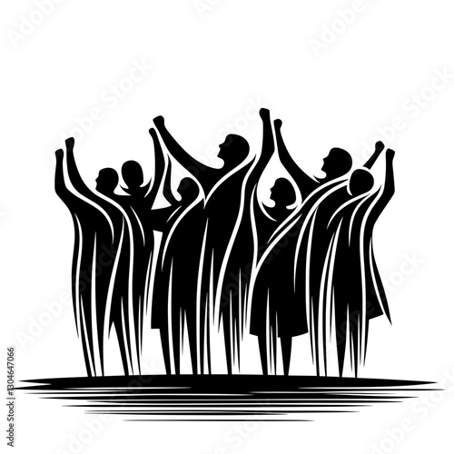 Group of people raising hands in victory, black and white vector