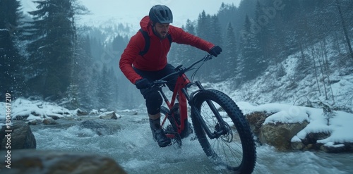 Winter Mountain Biking Adventure: Man Rides Through Snowy River
