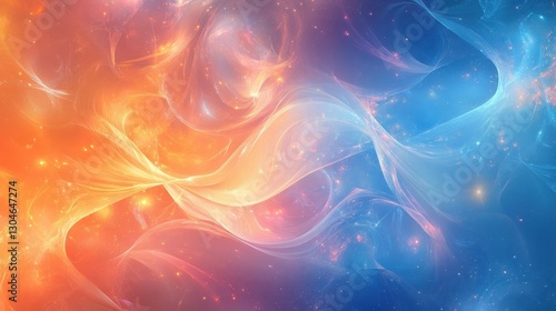 Abstract background with luminous fluid waves in blues oranges and pinks creating smooth transitions