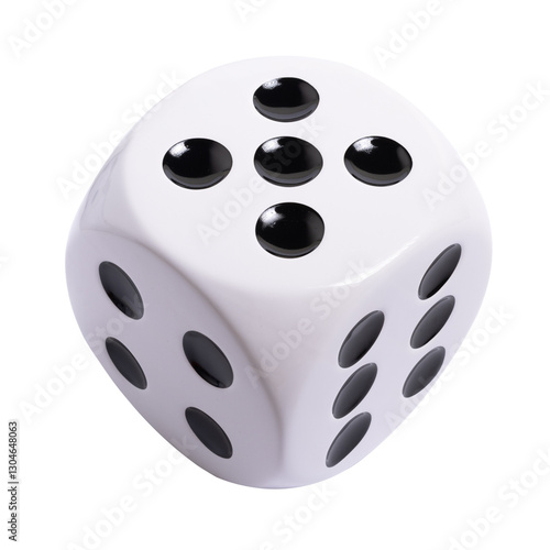 Isolated large white die or dice with black dots on transparent background, template of die or dice, gambling addiction or table game concept, PNG
