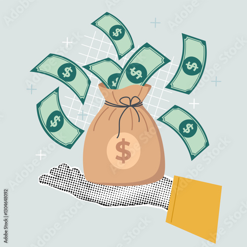 Vector illustration of a hand holding a money bag with flying dollar bills. Represents financial success, investment, income growth, and wealth management. Ideal for banking and business concepts.