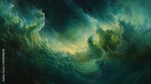 Nebula wallpaper with glowing green cosmic dust and light beams shining through deep space mist