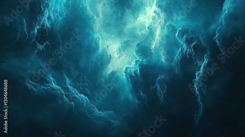 Sci-fi nebula background with glowing teal and blue clouds and ethereal energy trails