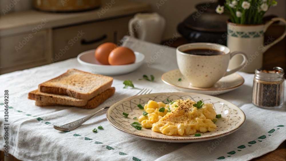 Rustic breakfast with eggs, toast, butter and jam, served on a linen cloth.
Rustic breakfast with eggs, toast, butter and jam, served on a linen cloth.