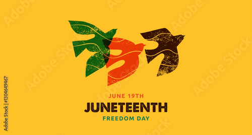 Juneteenth freedom day. A celebration of American history, African American Independence Day design with hand-drawn birds. Poster, banner, card template