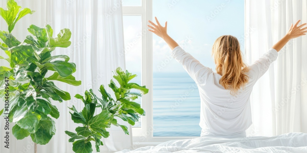 Morning Serenity: Woman enjoying the ocean view from her bedroom window, arms outstretched in a feeling of peace and tranquility. The fiddle leaf figs add to the serene atmosphere. Morning Serenity: Woman enjoying the ocean view from her bedroom window, arms outstretched in a feeling of peace and tranquility. The fiddle leaf figs add to the serene atmosphere.