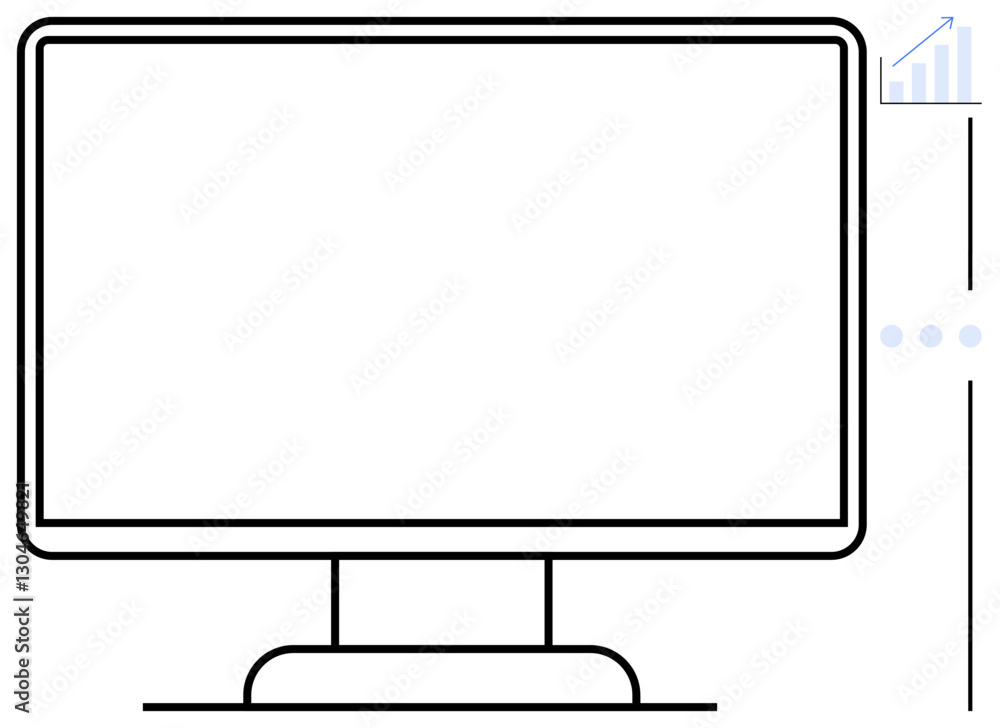 Desktop computer monitor outlined in black with a small ascending graph icon in the corner. Ideal for technology, analytics, business growth, online work, software, data management, and digital Desktop computer monitor outlined in black with a small ascending graph icon in the corner. Ideal for technology, analytics, business growth, online work, software, data management, and digital