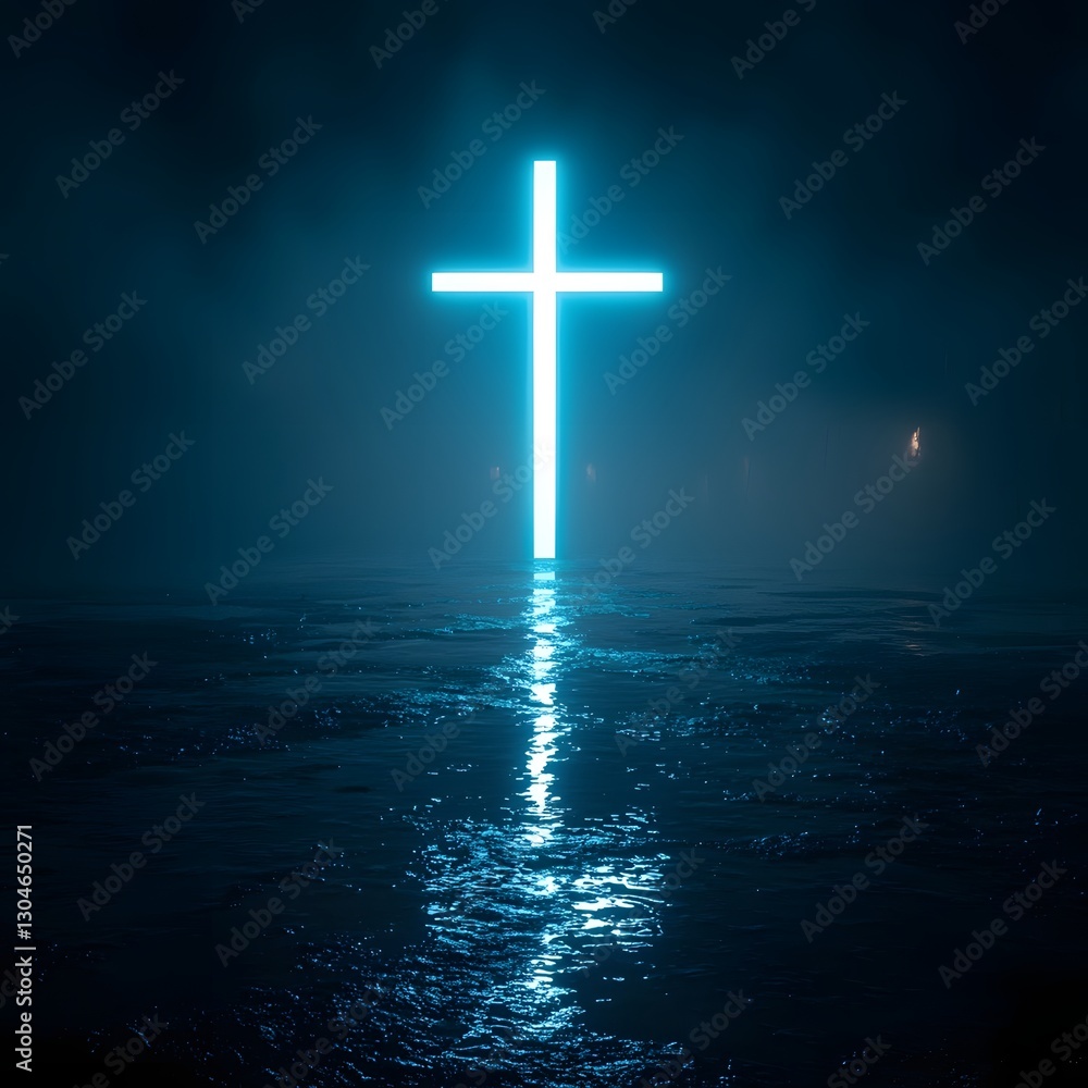 Naklejka premium Glowing Silver Minimalist Cross Reflected on Jet Black Surface Futuristic Spiritual Concept