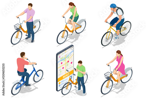 An isometric vector scene showing multiple people with bicycles and a large smartphone map, illustrating bike rental and sharing in a modern 3D style.