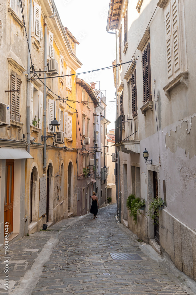 Young woman walking along the venetian windings streets of Piran Istrian peninsula along the Adriatic sea in Slovenia Young woman walking along the venetian windings streets of Piran Istrian peninsula along the Adriatic sea in Slovenia