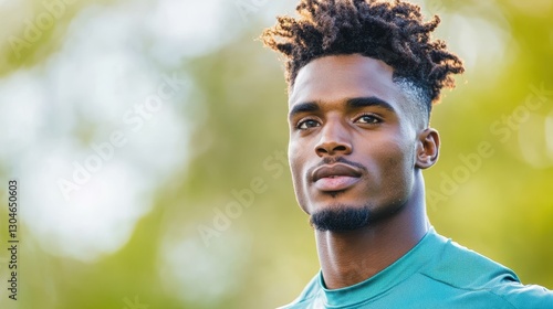 Confident Glance: A close-up portrait of a handsome man with an intense gaze, exuding confidence and charisma, his textured hair and skin illuminated by natural light.