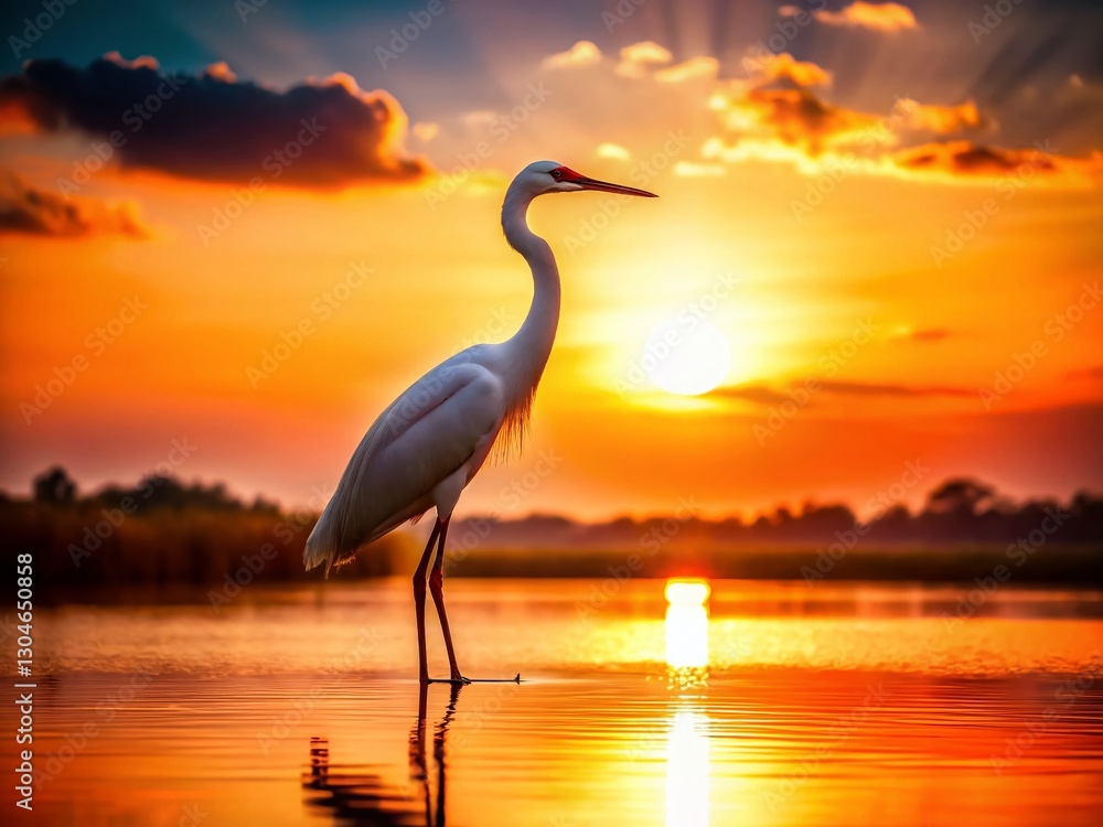 Fototapeta premium Majestic Red-Crowned Crane Silhouette at Sunset Lake