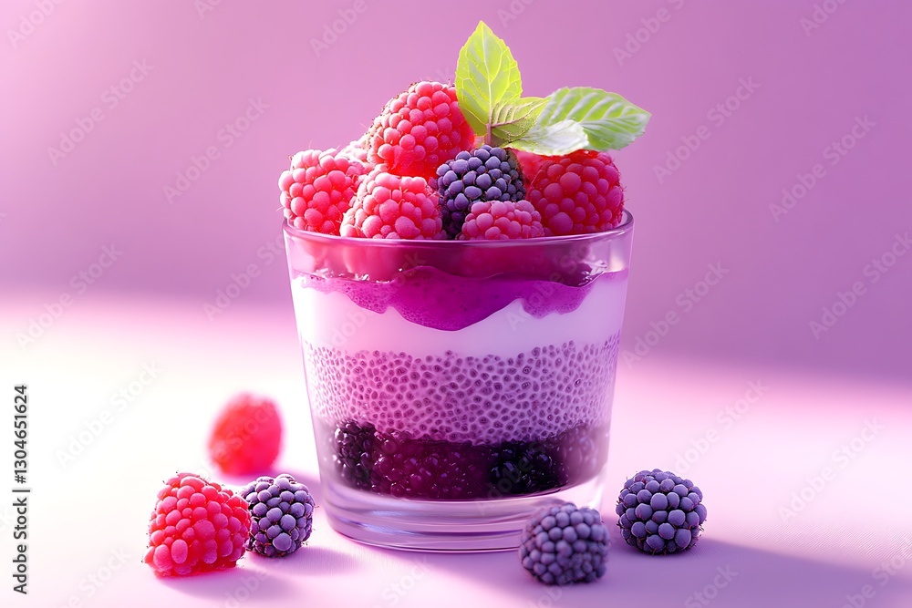 A clear glass cup contains a layered berry parfait. The bottom layer consists of chia pudding A clear glass cup contains a layered berry parfait. The bottom layer consists of chia pudding