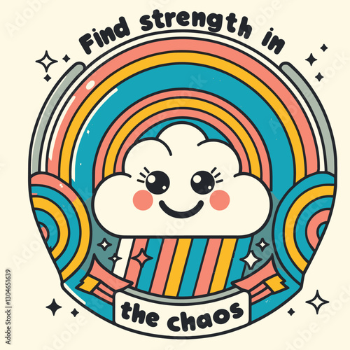 Inspirational Retro Rainbow Cloud Illustration with Positive Message - find strength in the chaos - anxiety