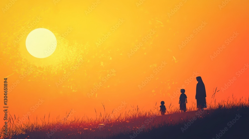 Fototapeta premium Silhouetted figures of a family walk towards the bright sun