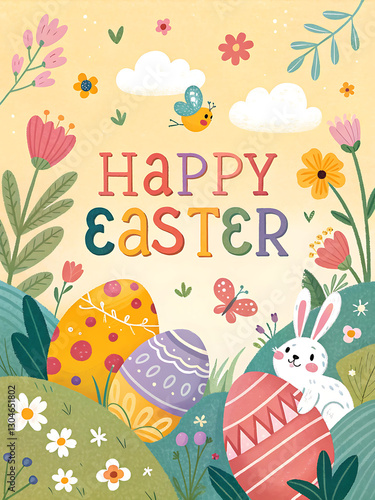 Colorful happy easter greeting card, easter illustration card with eggs and bunnies