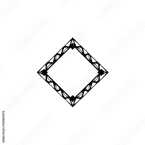 Black geometric diamond shape with stylized lines and repeating patterns on a white background.