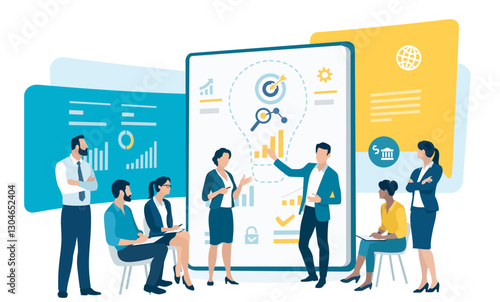 The idea. Presentation of a business project, innovation. Brainstorming. Business vector illustration. 