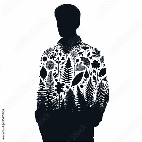 Nature Silhouette Man and Foliage Fusion in Black and White Double Exposure Art