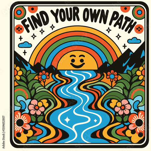Retro Inspirational Landscape with Rainbow and Smiling Sun - Psychedelic Art - find your own path quote