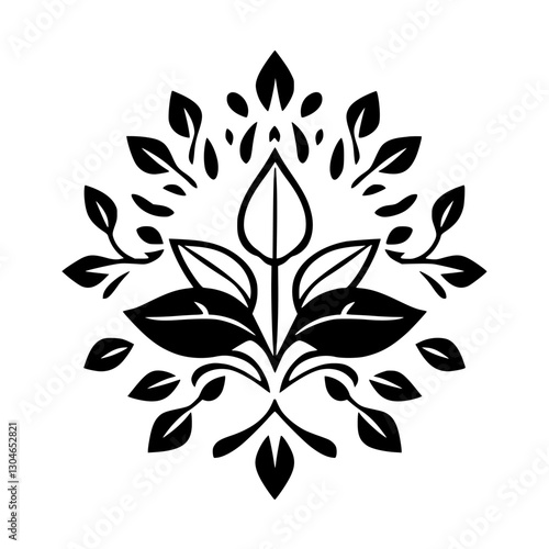 A symmetrical arrangement of stylized leaves: bold black on white background with a central focus.