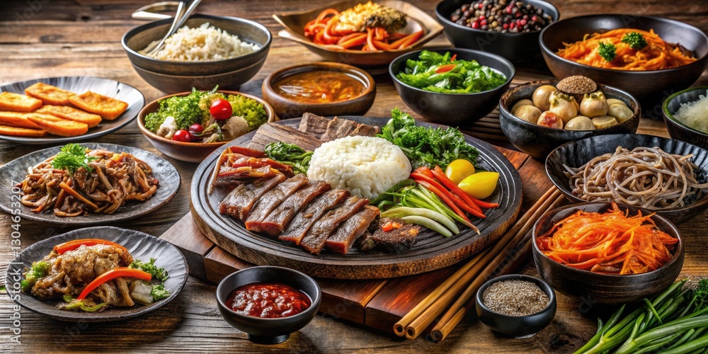 Fototapeta premium Indulge in a stunning Korean BBQ feast: Bulgogi, kimchi, japchae, and more!