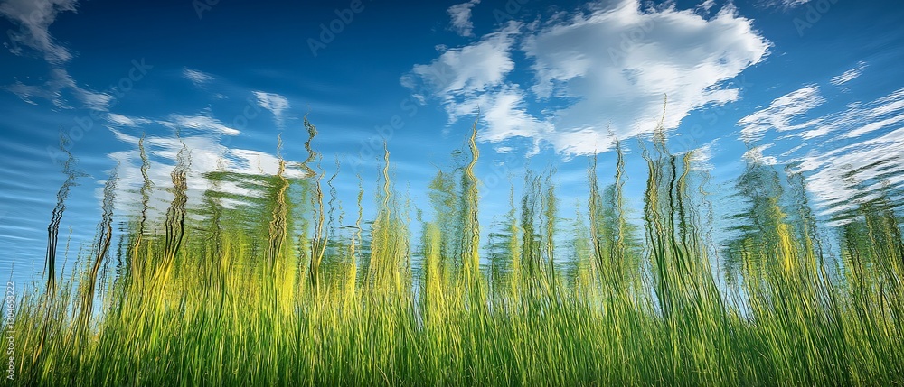 Obraz premium Underwater Grass Reflection Sky, Clouds, Water
