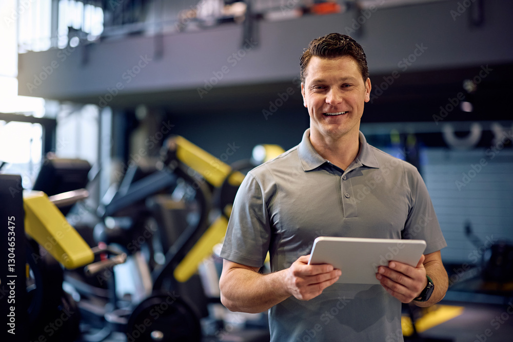 Fototapeta premium Happy personal coach with touchpad in gym looking at camera.